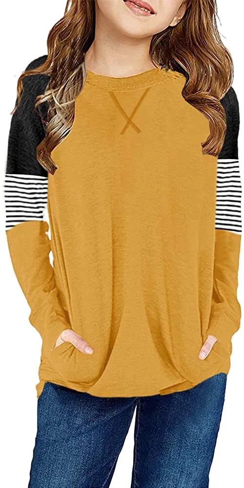 Little Girls' Yellow Color Block Raglan Sleeves Stripe Pullover Top