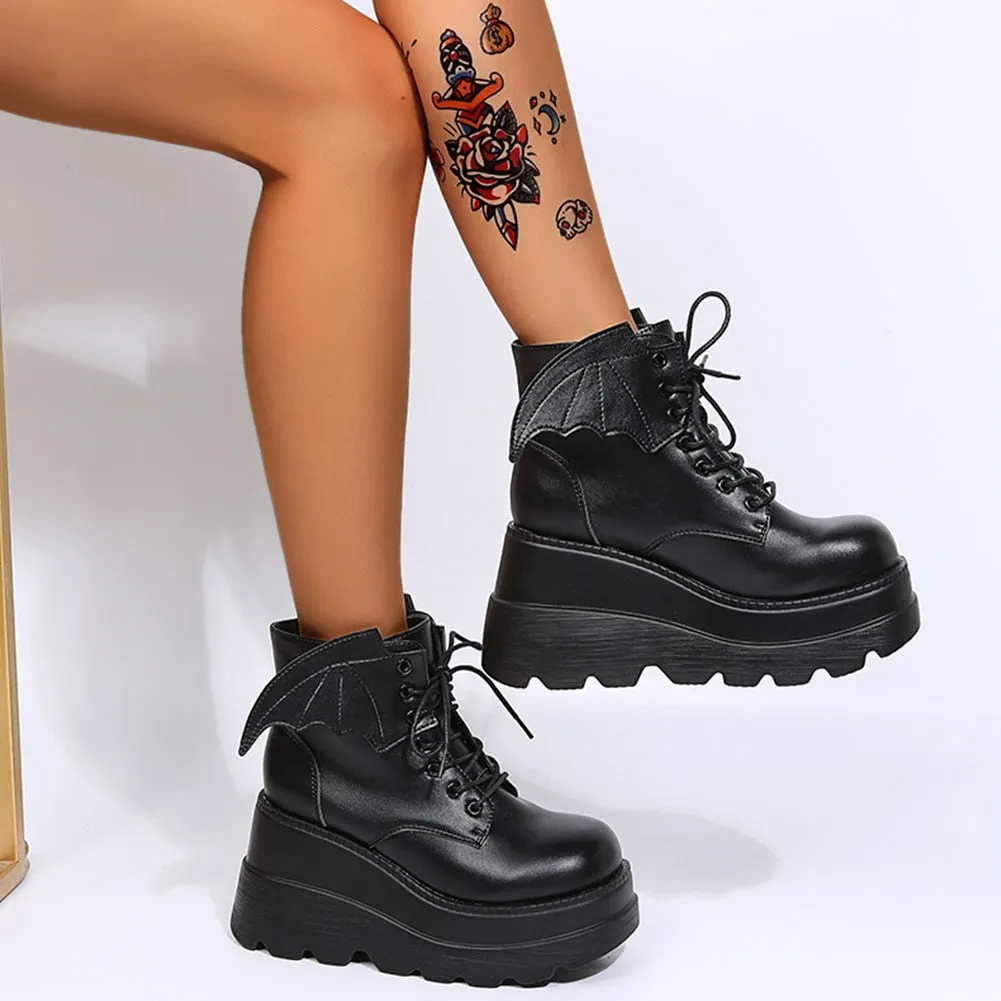 Luxury Brand New Ladies High Platform Boots Fashion Vampire Wings Wedges High Heels Ankle Boots Women Party Goth Shoes Woman