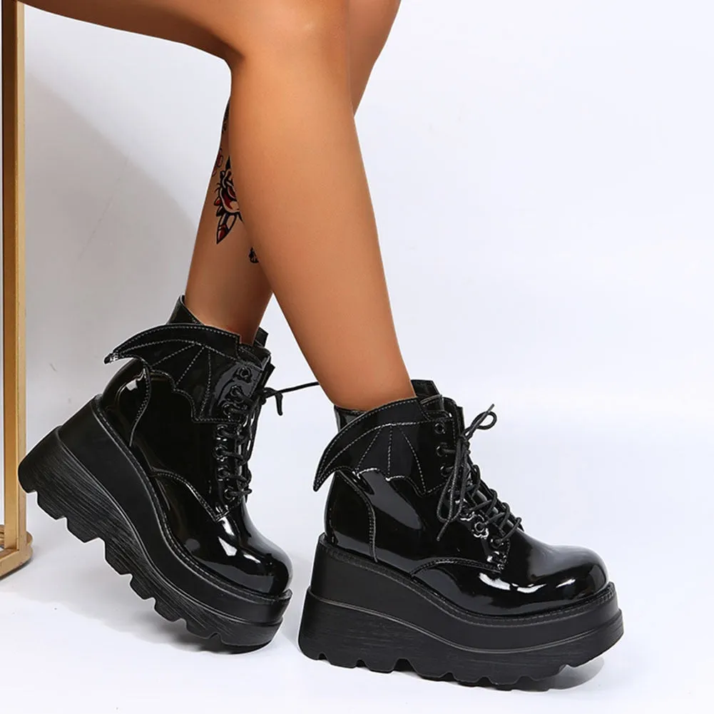 Luxury Brand New Ladies High Platform Boots Fashion Vampire Wings Wedges High Heels Ankle Boots Women Party Goth Shoes Woman