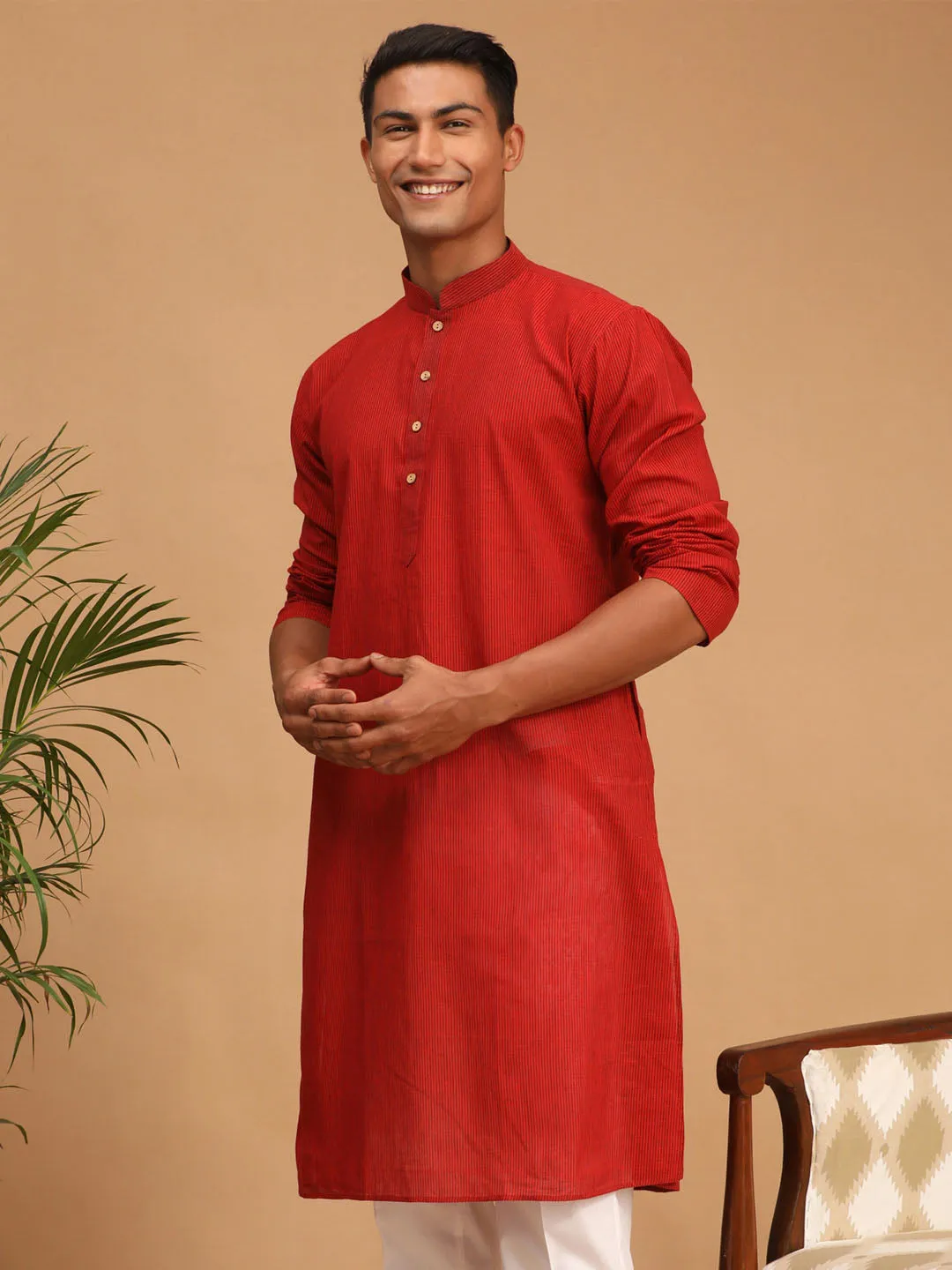 Men's Maroon Pure Cotton Kurta - Vastramay