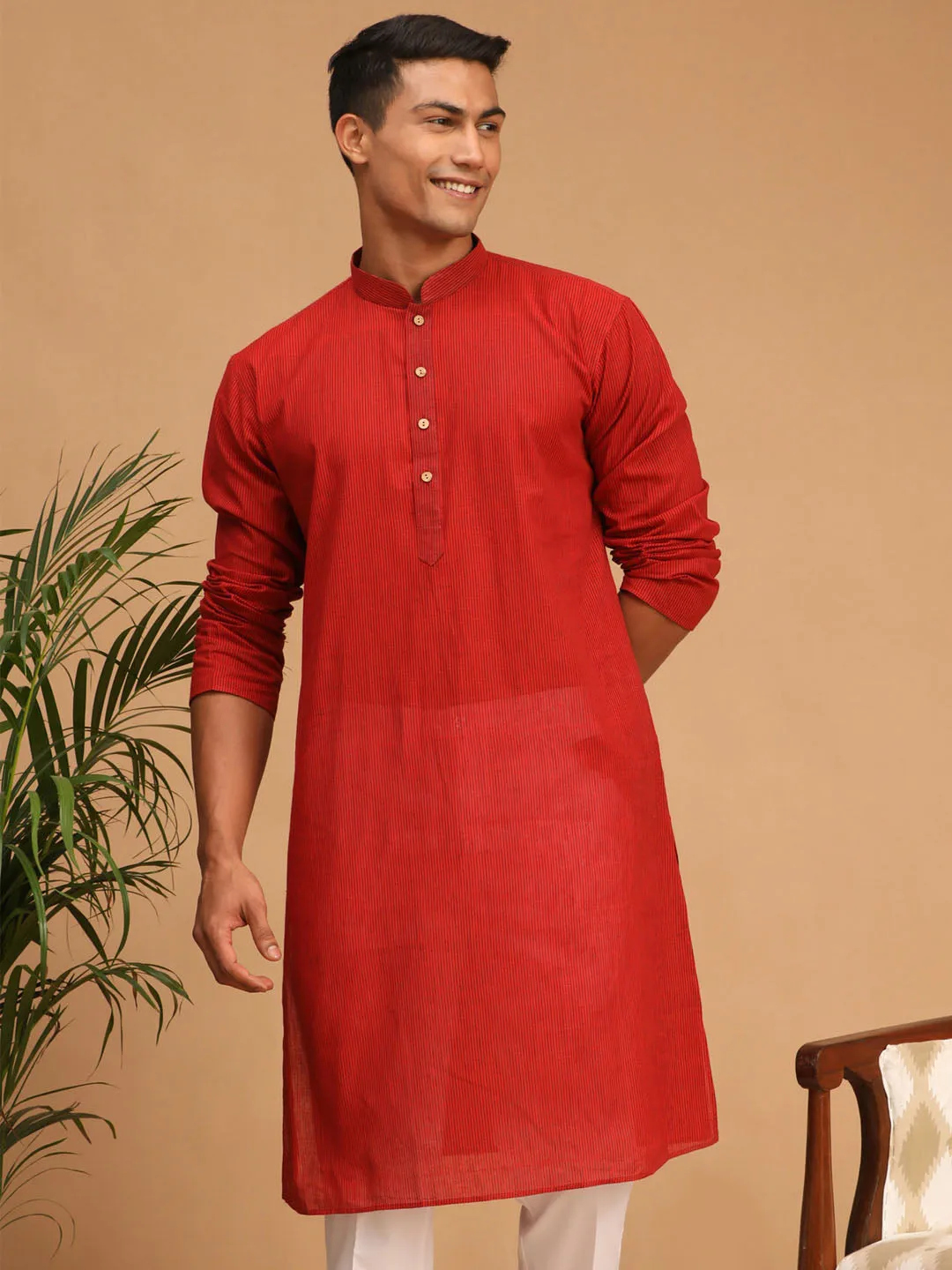 Men's Maroon Pure Cotton Kurta - Vastramay