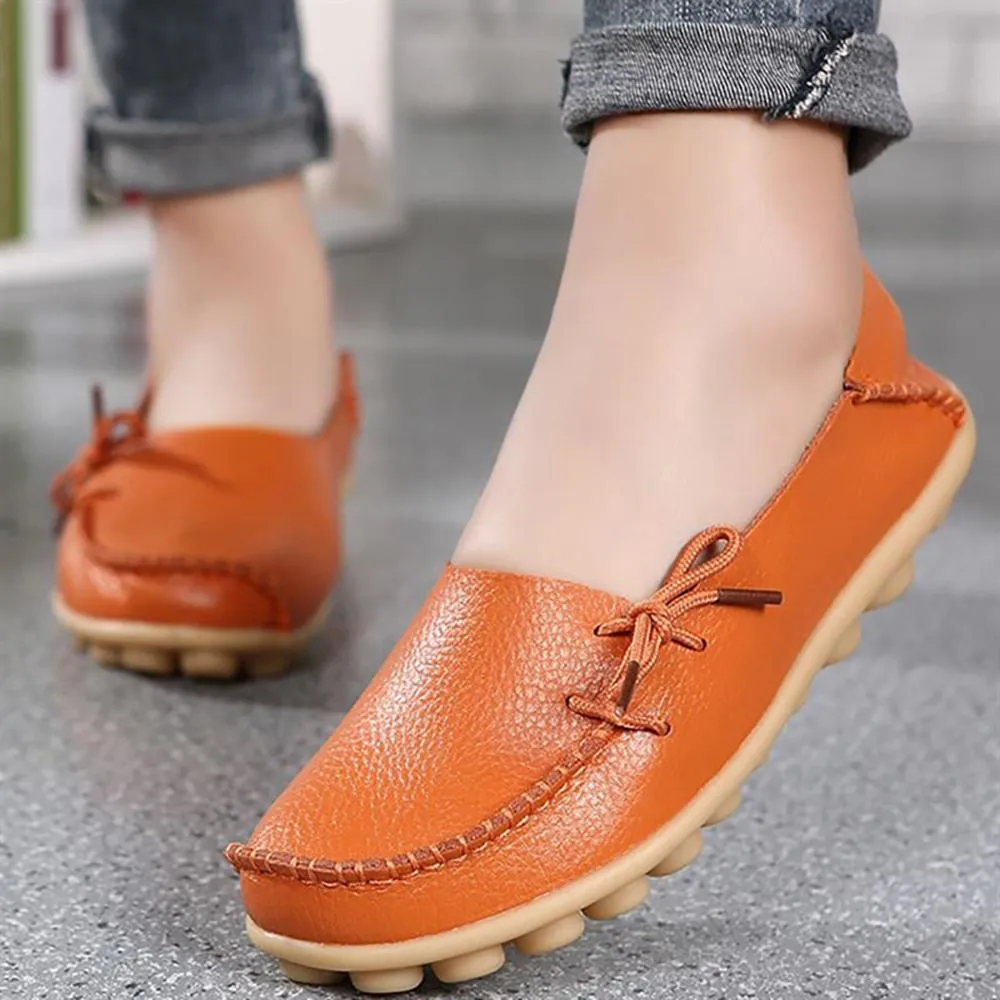 Smooth Leather Simple Bow Moccasin Flat Shoes