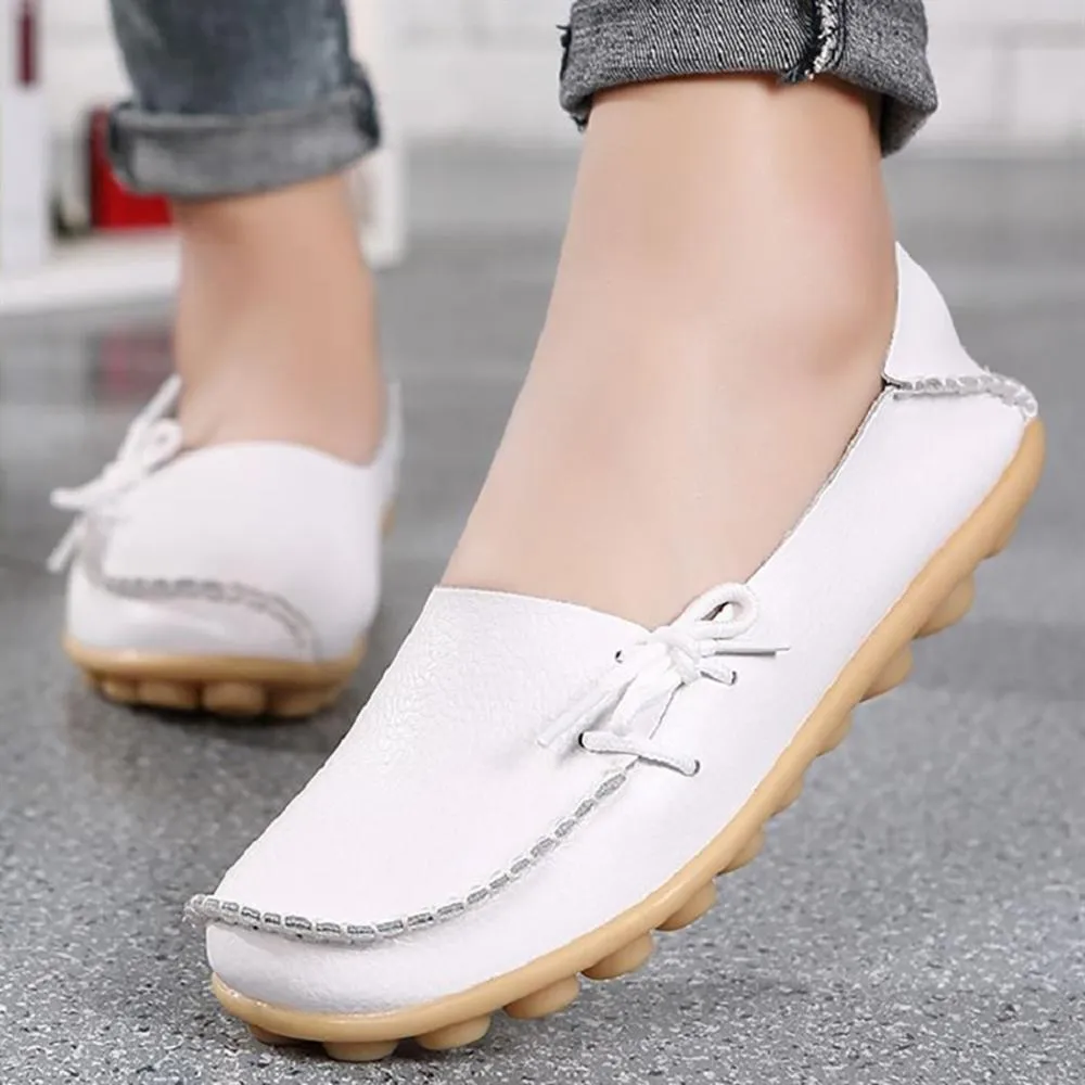 Smooth Leather Simple Bow Moccasin Flat Shoes