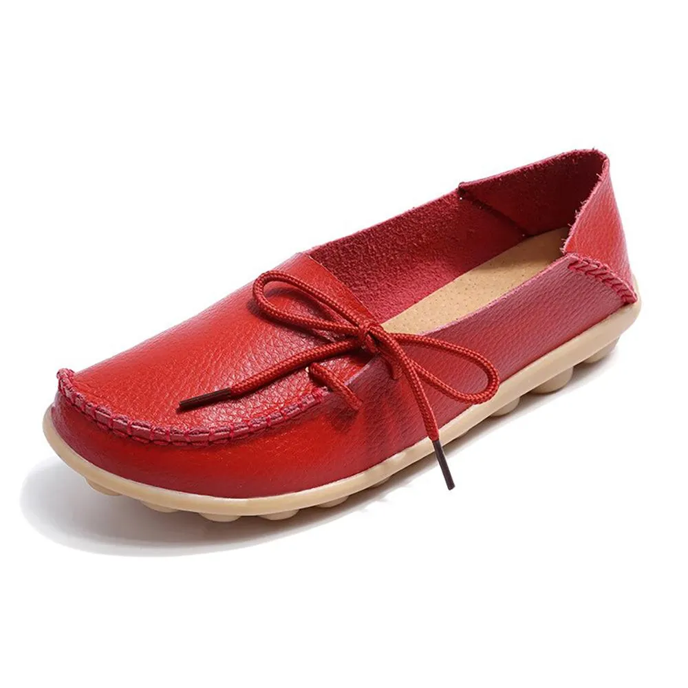 Smooth Leather Simple Bow Moccasin Flat Shoes