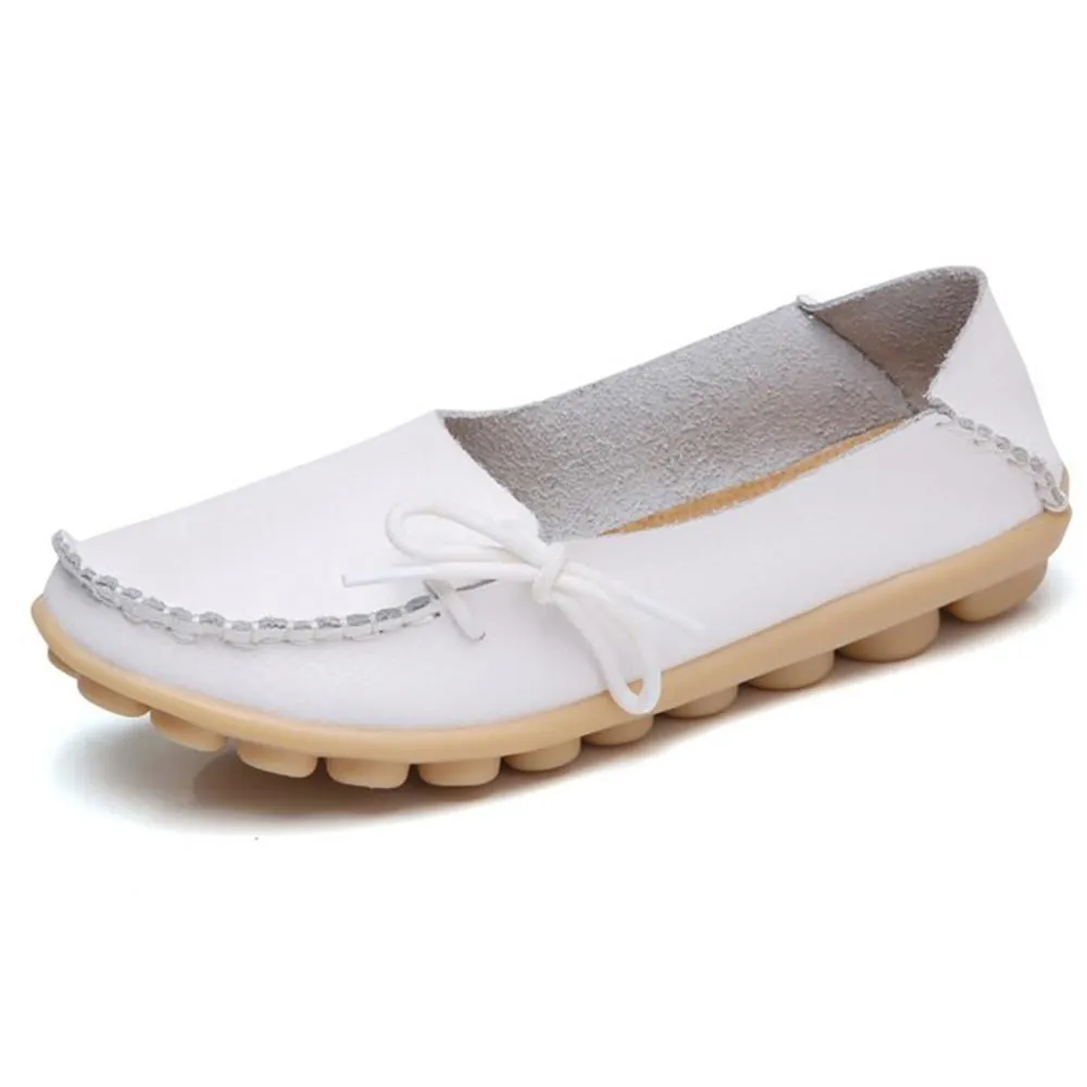 Smooth Leather Simple Bow Moccasin Flat Shoes