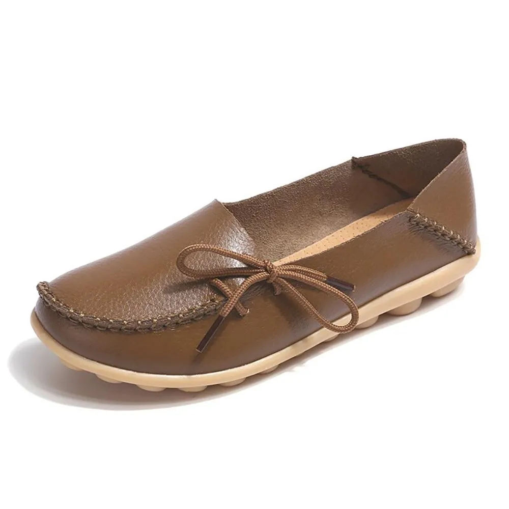 Smooth Leather Simple Bow Moccasin Flat Shoes