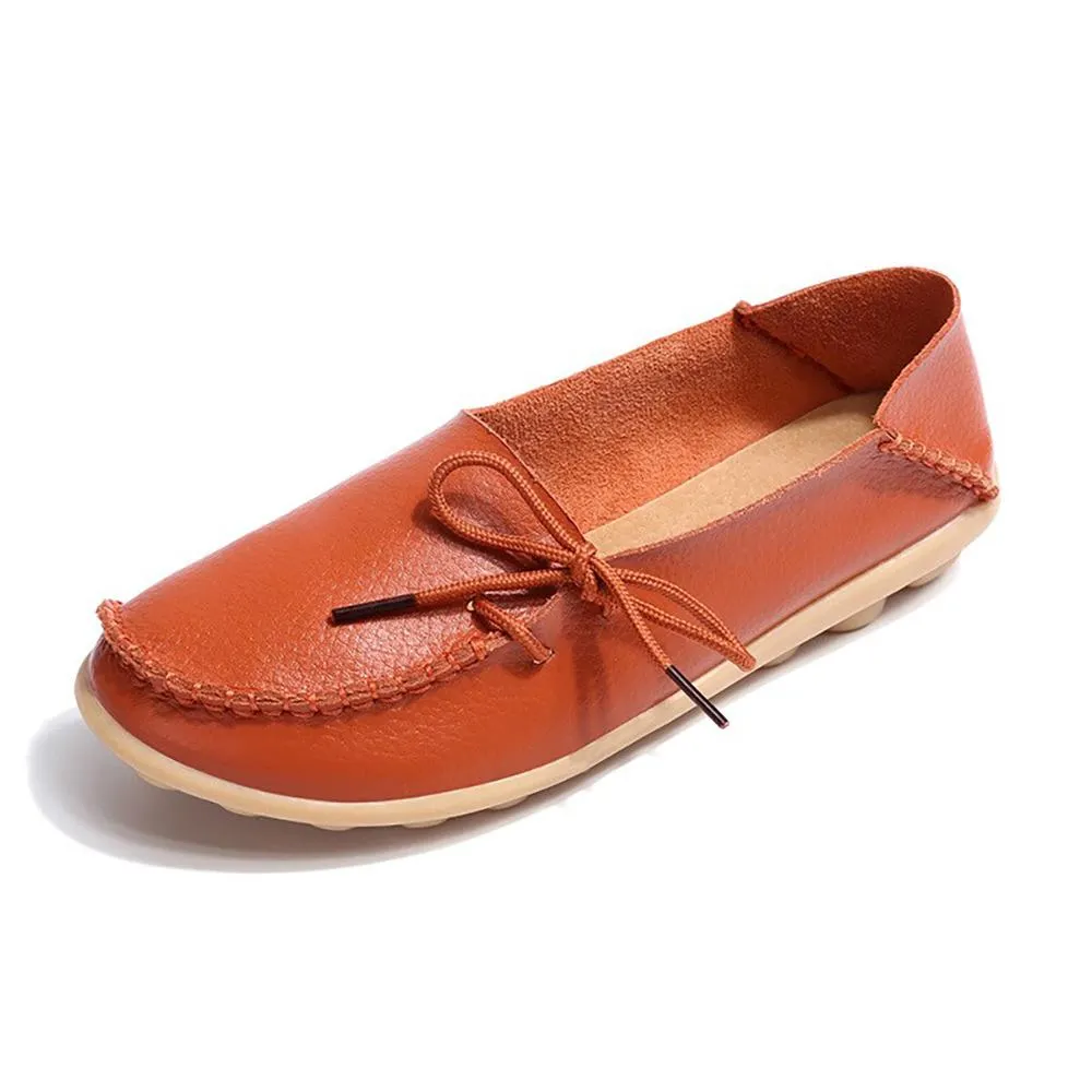 Smooth Leather Simple Bow Moccasin Flat Shoes