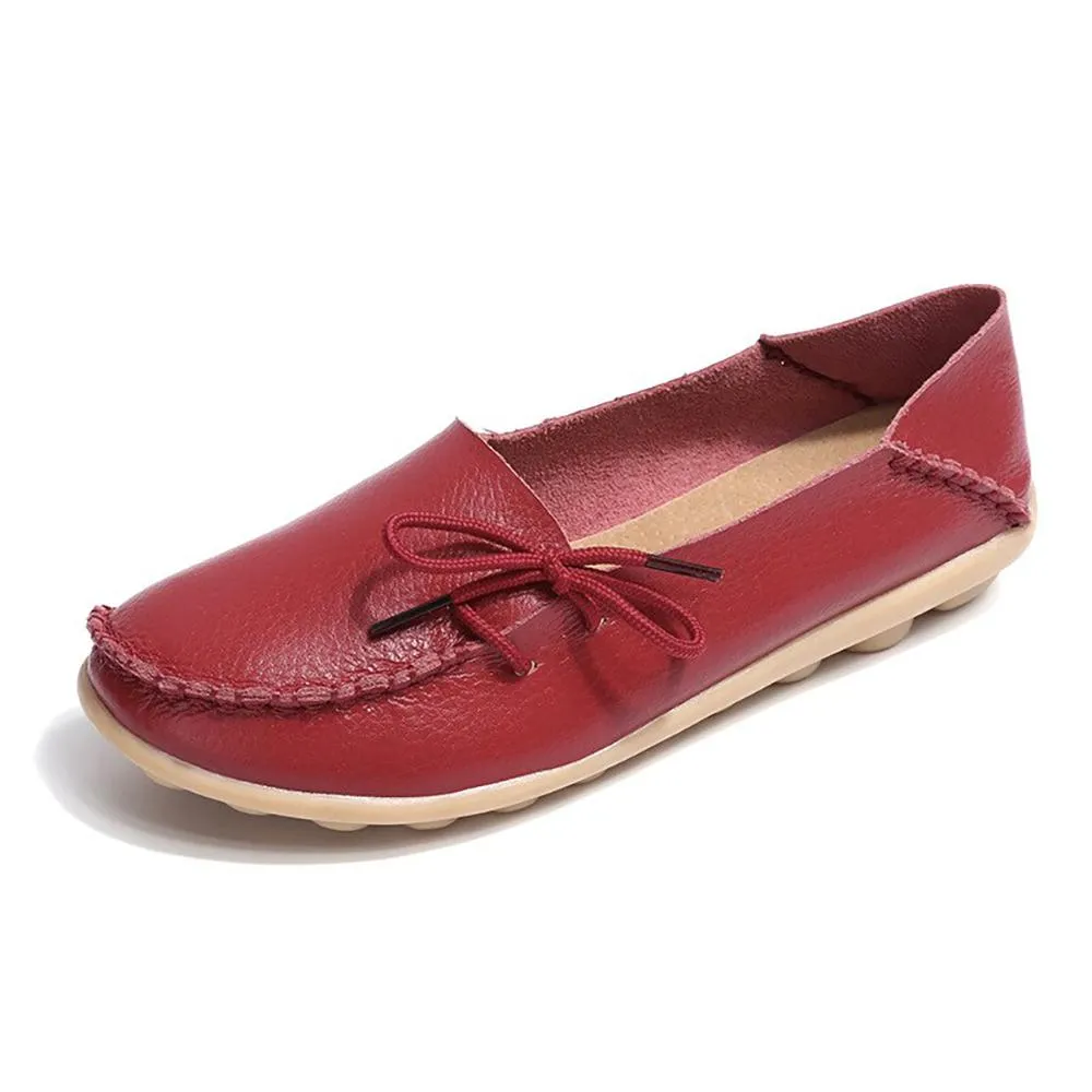 Smooth Leather Simple Bow Moccasin Flat Shoes