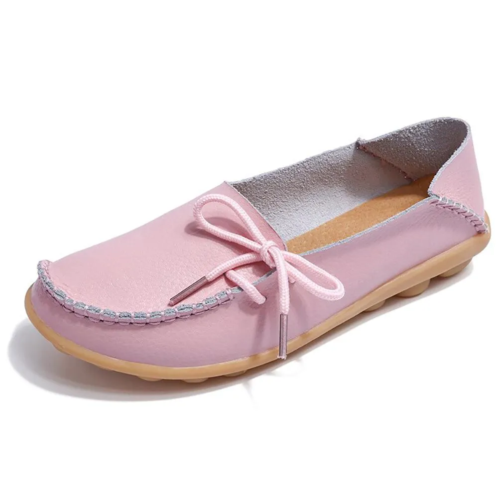 Smooth Leather Simple Bow Moccasin Flat Shoes