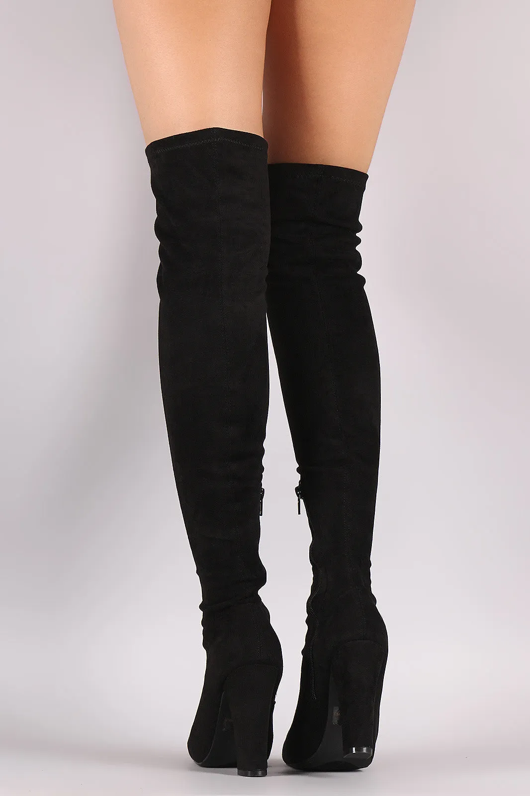 Suede Lace Up Almond Toe Chunky Heeled Over-The-Knee Boots