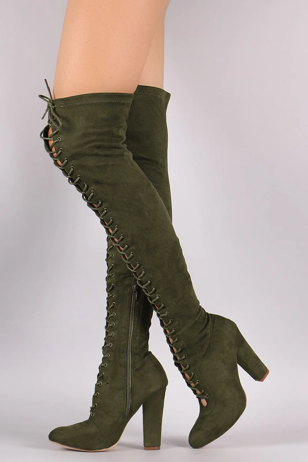 Suede Lace Up Almond Toe Chunky Heeled Over-The-Knee Boots