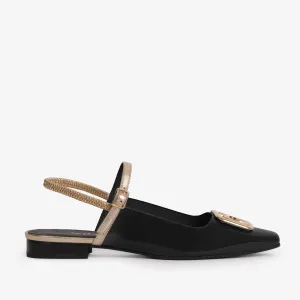 The Rosalinda Black Leather Women Flat Slingback Shoe