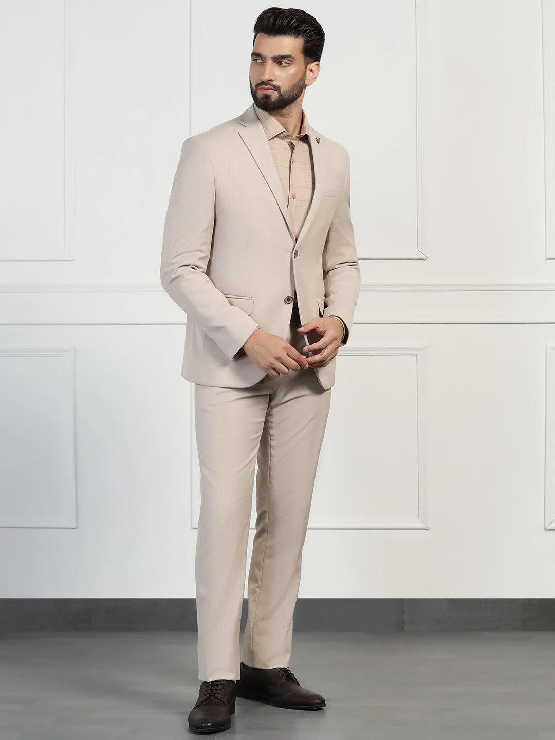 Two Piece Beige Textured Formal Suit - Zanite