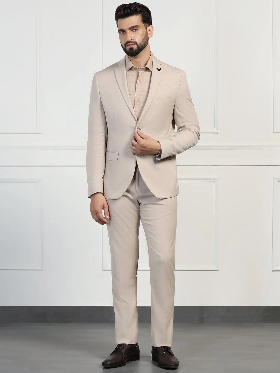 Two Piece Beige Textured Formal Suit - Zanite