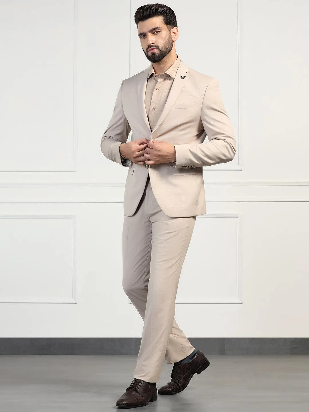 Two Piece Beige Textured Formal Suit - Zanite