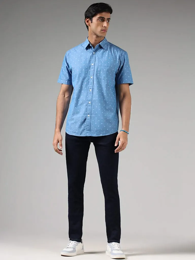 WES Casuals Blue Floral Printed Cotton Relaxed-Fit Shirt