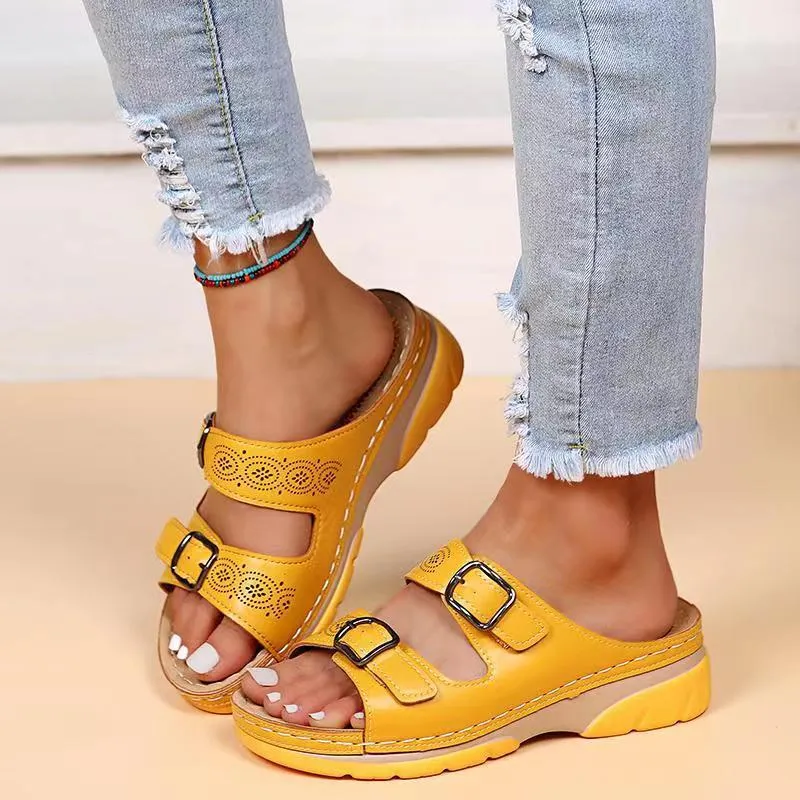 Women Hollow Stylish Buckle PU Wedge Round Sandals