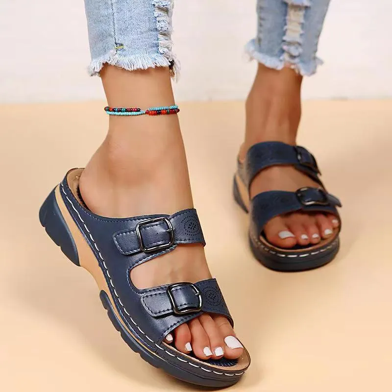 Women Hollow Stylish Buckle PU Wedge Round Sandals