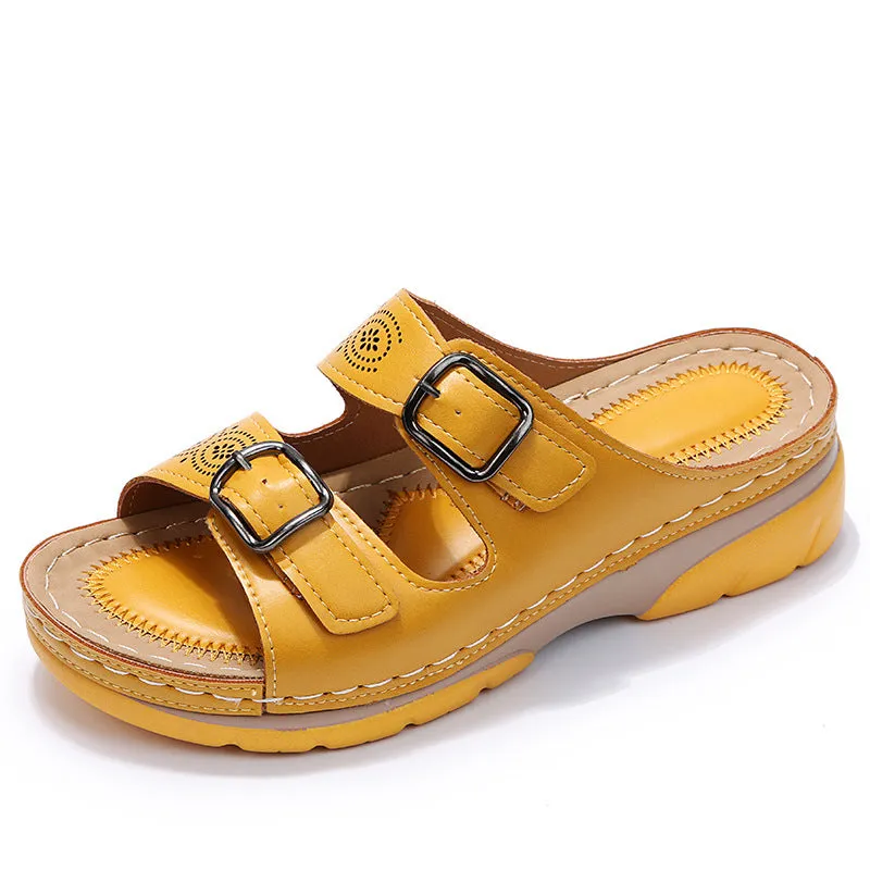 Women Hollow Stylish Buckle PU Wedge Round Sandals