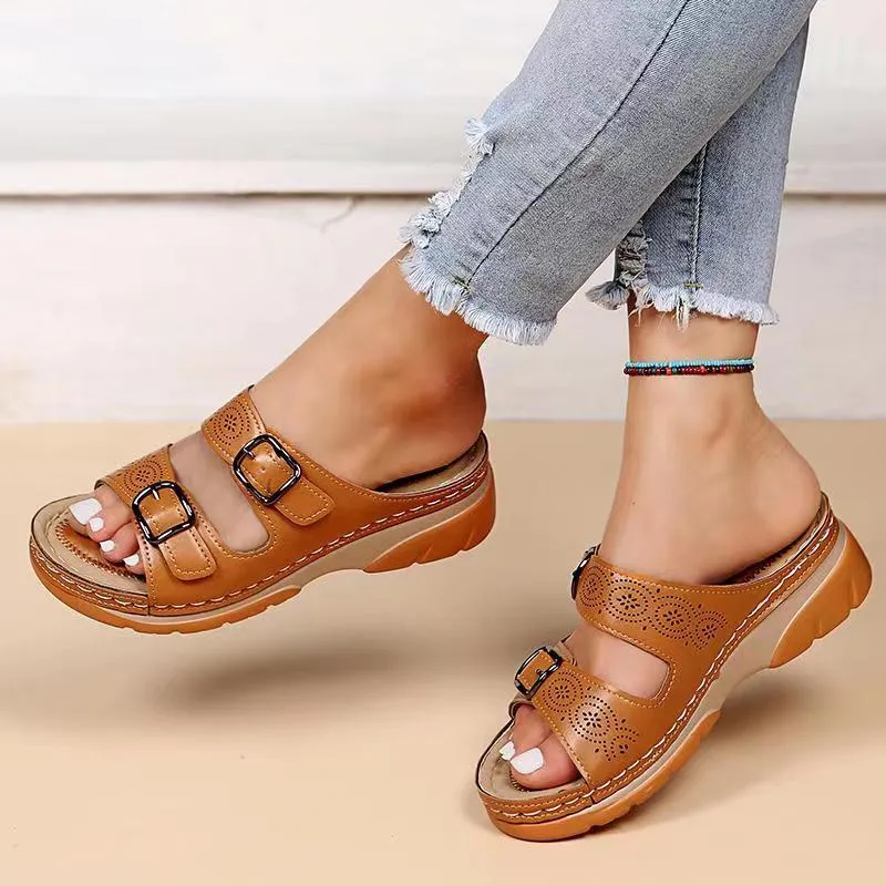 Women Hollow Stylish Buckle PU Wedge Round Sandals