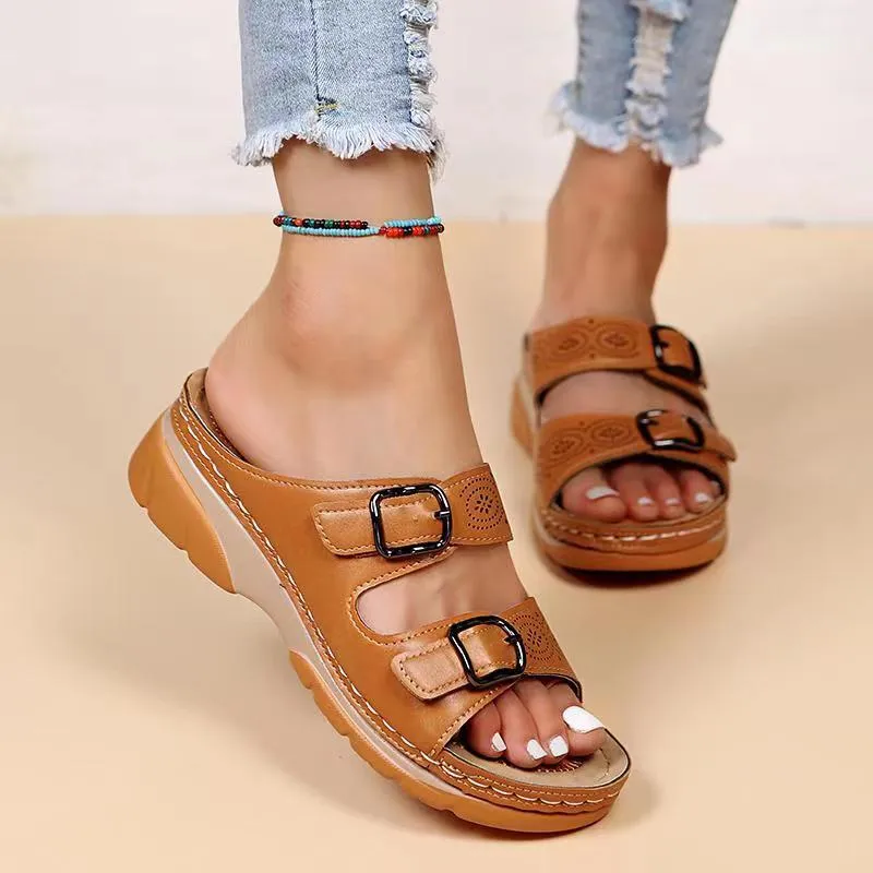 Women Hollow Stylish Buckle PU Wedge Round Sandals