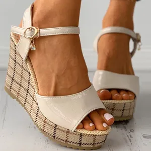 Women Sandals Plaid Peep Toe Buckle Strap Studded Decor Ladies Wedge Shoes Platform Summer Solid Color Comfort Female Footwear