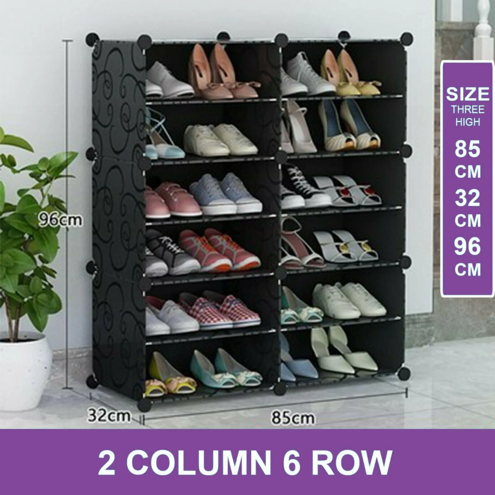 Zemic DIY Shoe Storage Cabinet, Plastic Shoe Rack Organiser to 30 Pair Shoes, foldable Shoe Storage with Shelves and Door for All Kinds of Shoes, Books, Toys and Clothing (12-Shelf, Black)